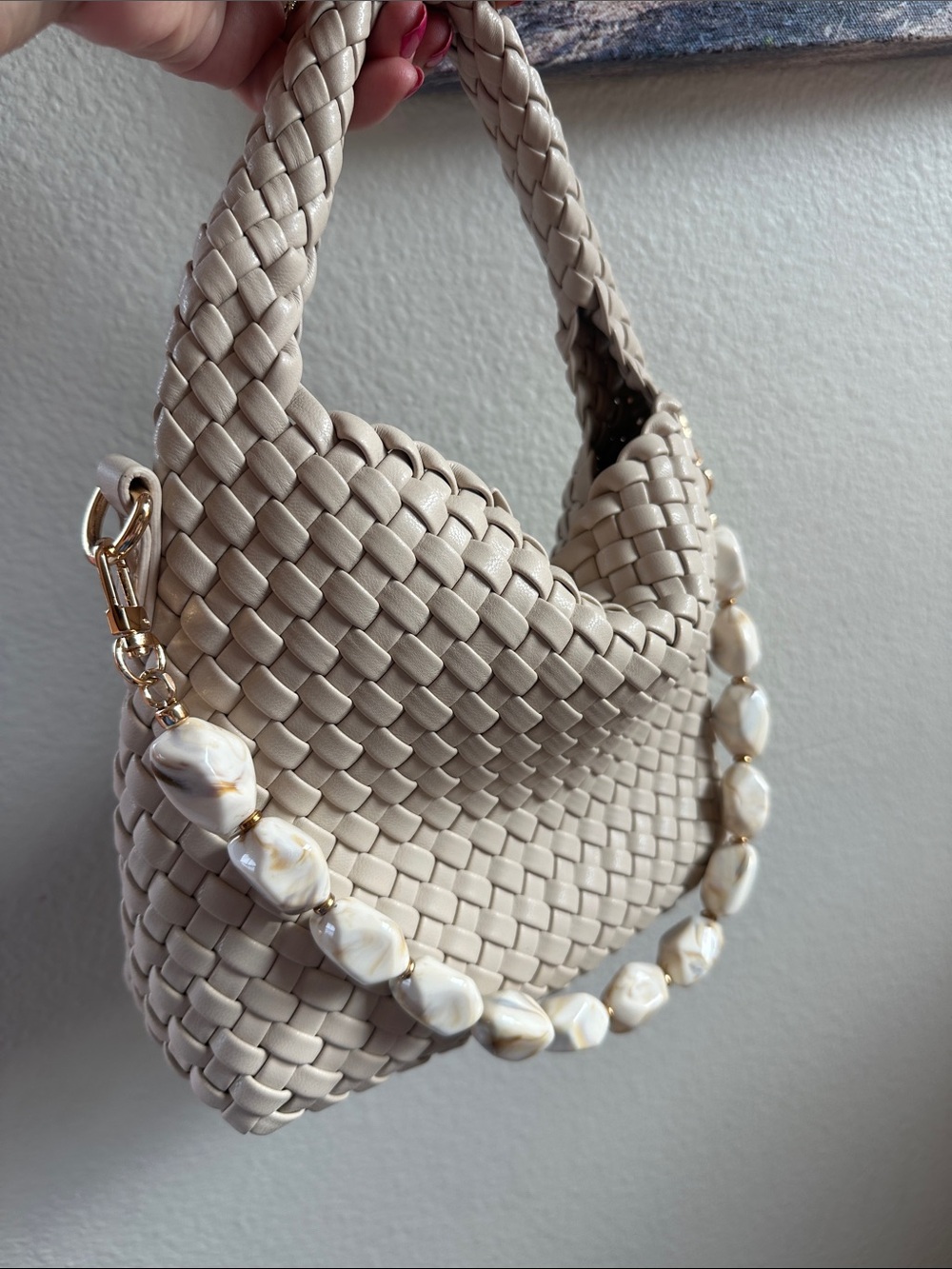 Boutique Woven Vegan Leather 3-Way Convertible Bag w/ Removable Beaded Strap